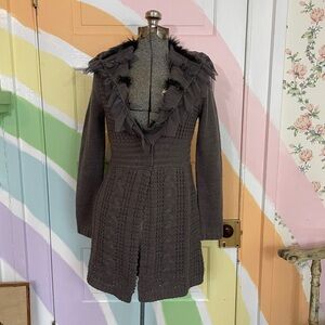 Early 2000's Goth Whimsygoth Gray Faux Fur Frilly Knit Ruffle Cardigan Sz S 💚🎀